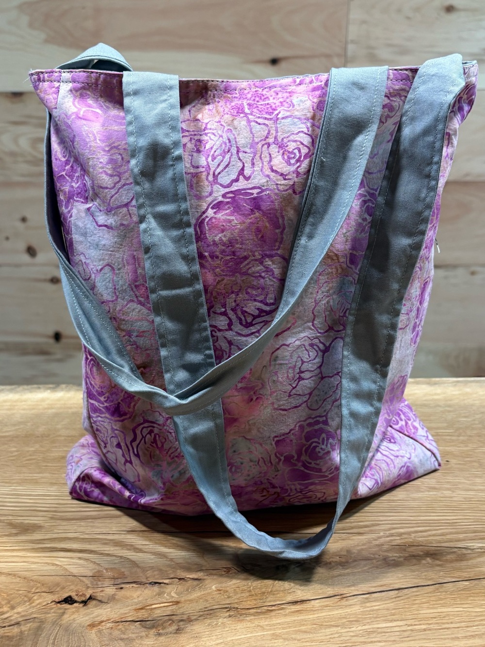 Pink Floral Cotton Tote Bag with Gray Straps